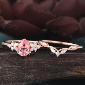 Pear shaped Pink Sapphire engagement ring set Vintage Rose gold Marquise Moissanite ring set Art deco bridal Ring set for women gift
