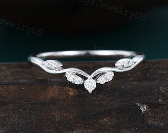 Vintage curved wedding band Unique white gold moissanite ring Art deco diamond ring Matching stackable ring Dainty bridal ring Promise gift
