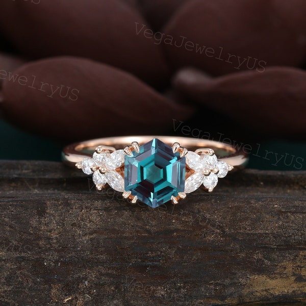 Hexagon Cut Alexandrite engagement ring Vintage Rose gold Marquise Moissanite engagement ring Art deco women bridal ring Promise gift