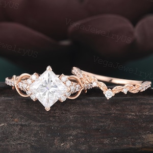 Princess cut Moissanite engagement ring set Vintage rose gold Art Deco Leaf wedding band ring set bridal Promise Marriage ring set for Women
