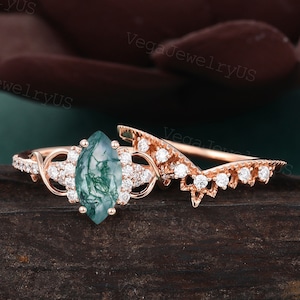 Marquise cut Moss Agate engagement ring set Unique Rose gold moissanite diamond ring set Hollow-out marriage ring promise anniversary ring