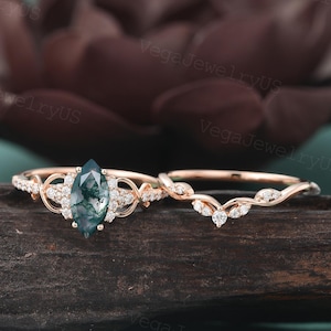 Marquise cut Moss Agate engagement ring set Vintage Rose gold engagement ring set Dainty Moissanite bridal Anniversary Ring Set Women Gift