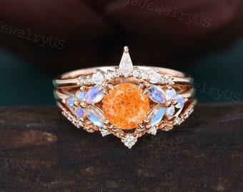 3PCS Vintage Sunstone ring set Rose gold engagement ring set Marquise Moonstone Kite Moissanite wedding band ring set Antique marriage ring