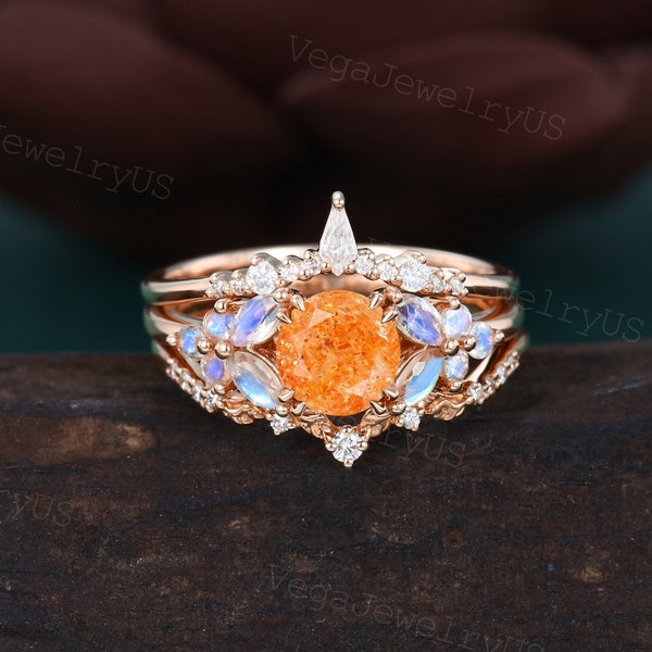 3PCS Vintage Sunstone ring set Rose gold engagement ring set Marquise Moonstone Kite Moissanite wedding band ring set Antique marriage ring