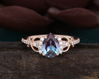 Pear cut alexandrite engagement ring Unique rose gold moissanite ring Dainty diamond ring Twist promise ring Anniversary ring Marriage ring