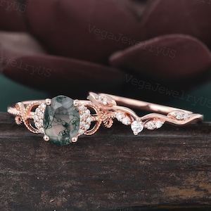 Oval Moosachat Verlobungsring Set Vintage Rose Gold Filigree Moissanite Hochzeit Brautring Art Deco Twist Diamant Ring für Frauen Geschenk