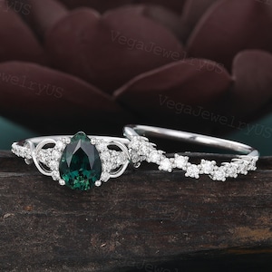 Pear shaped Green Blue Sapphire Engagement Ring Set ring set Unique Twist White gold Moissanite cluster ring set bridal gift for women