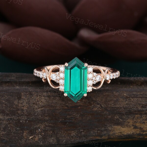 Long hexagon Emerald engagement ring Unique rose gold Moissanite ring Dainty bridal ring Twist promise ring Women Crossed anniversary ring