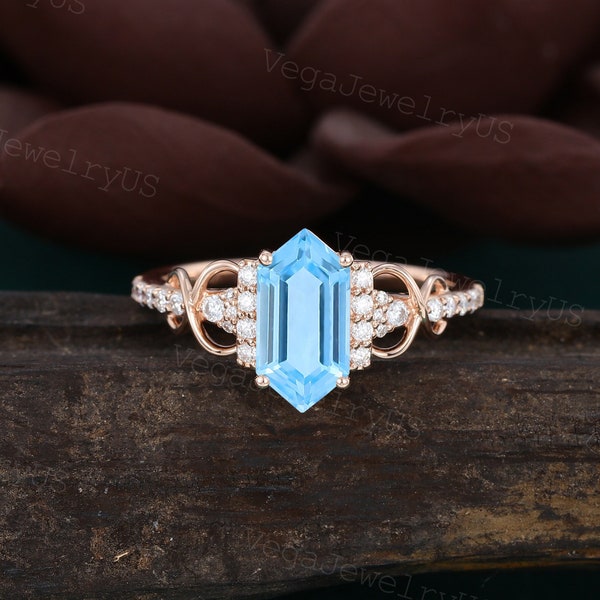 Long hexagon Swiss Blue topaz engagement ring Unique rose gold Moissanite ring Dainty bridal ring Twist promise anniversary ring for Women