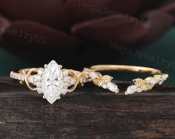 Set di anello di fidanzamento con moissanite taglio marquise, esclusivo anello nuziale in oro giallo Art Déco con taglio marquise aperto e botanico per donna