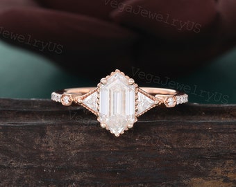 Long Hexagon Cut Moissanite Engagement Ring Vintage Rose Gold Trillion Moissanite Diamond Ring Unique Anniversary Promise Ring for Women