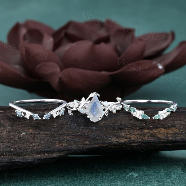 Drakeslipad labradorit förlovningsring set unik vitguld markis med naturlig opal grenblad brudlöfte ring set med mossagat ring set