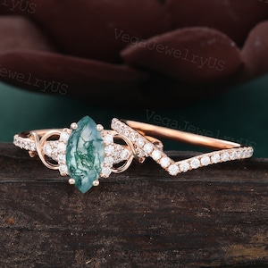 Marquise Moss Agate engagement ring set Unique Rose gold moissanite diamond ring set Curved wedding band promise anniversary ring for women