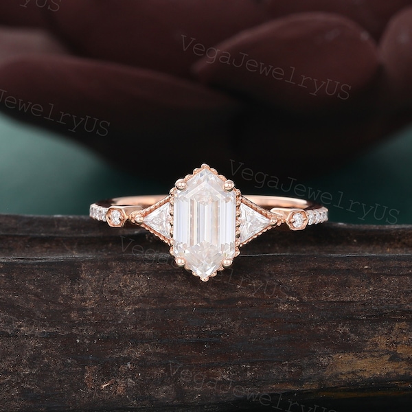 Long Hexagon Cut Moissanite Engagement Ring Vintage Rose Gold Trillion Moissanite Diamond Ring Unique Anniversary Promise Ring for Women