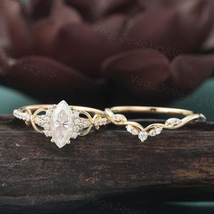 Marquise cut moissanite engagement ring set Unique Yellow gold engagement ring set Dainty Moissanite bridal set promise Anniversary Ring Set