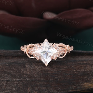 Vintage Princess Cut Morganite Engagement Ring Rose Gold Morganite Wedding Ring Dainty Bridal Ring Set Twist Promise Ring Gift for Women
