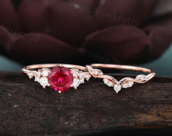 Lab Ruby engagement ring set Vintage rose gold engagement ring set Dainty Moissanite bridal set promise ring for Women Anniversary gift