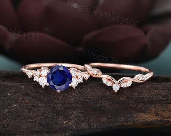 Lab Sapphire engagement ring set Vintage rose gold engagement ring set Dainty Moissanite bridal set promise ring for Women Anniversary gift