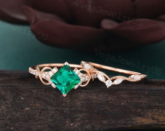 Princess cut Emerald engagement ring set Vintage Rose moissanite ring set diamond bridal set Twist promise ring set Marriage ring for women
