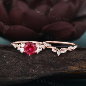 Lab Ruby engagement ring set Vintage rose gold engagement ring set Dainty Moissanite bridal set promise ring for Women Anniversary gift