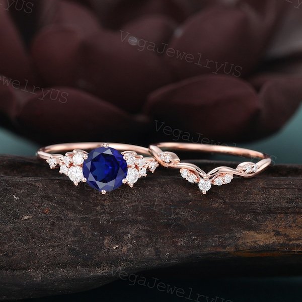 Lab Sapphire engagement ring set Vintage rose gold engagement ring set Dainty Moissanite bridal set promise ring for Women Anniversary gift