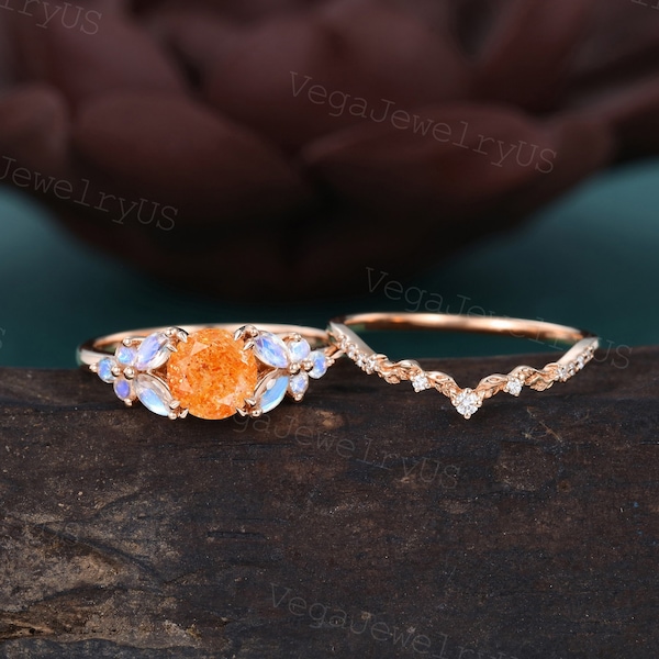 Vintage Sunstone engagement ring set Rose gold Marquise Moonstone ring Dainty leaf Moissanite ring bridal ring set promise Anniversary ring