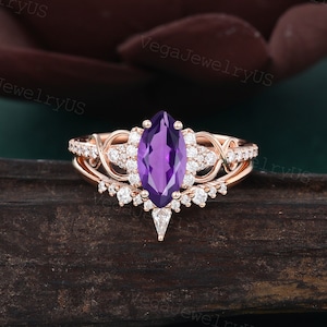 Marquise cut Amethyst engagement ring set Unique Rose gold moissanite diamond ring set Kite wedding band promise anniversary ring for women