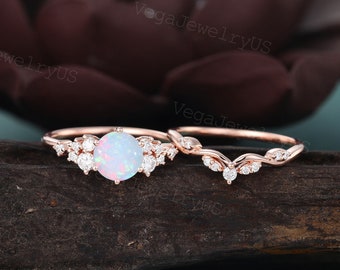 Round Natural Opal engagement ring set Vintage rose gold engagement ring set Moissanite bridal set promise ring for Women Anniversary gift