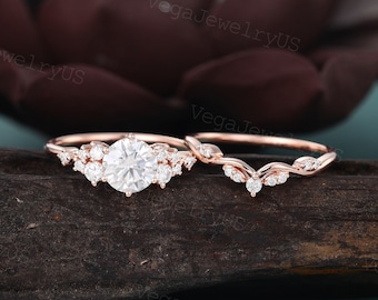 Vintage moissanite engagement ring set Unique rose gold engagement ring set Dainty diamond bridal set promise ring Anniversary gift