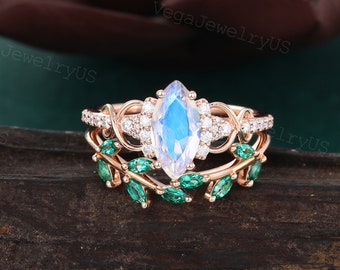 Marquise cut Moonstone engagement ring set Vintage Rose gold green leaf emerald ring set Art deco bridal set for women gift Marriage ring