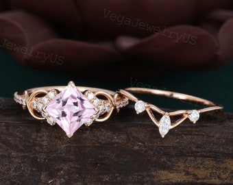 Princess cut Pink Sapphire engagement ring set Rose gold moissanite ring set Marquise Moissanite bridal set promise ring for Women Gift