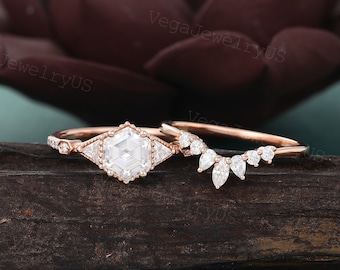Hexagon cut moissanite ring set Vintage Rose gold engagement ring set Unique Marquise Pear Moissanite Wedding band promise ring Bridal gift
