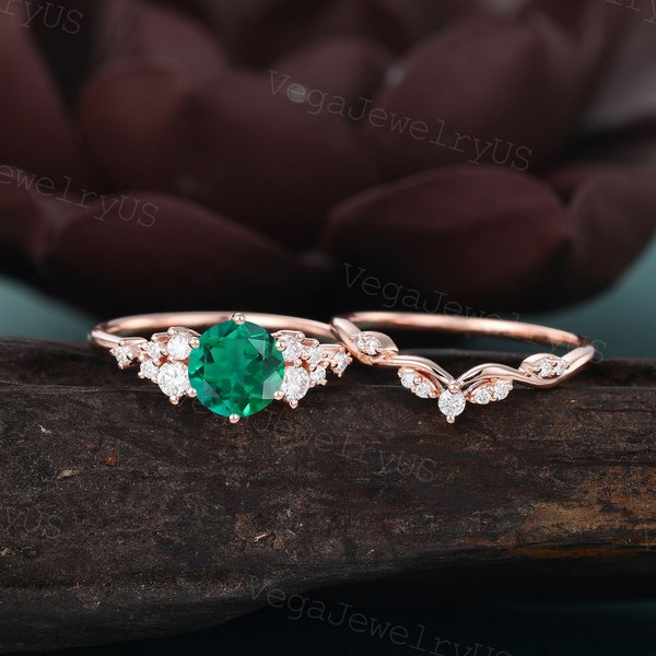 Lab Emerald engagement ring set Vintage rose gold engagement ring set Dainty Moissanite bridal set promise ring for Women Anniversary gift