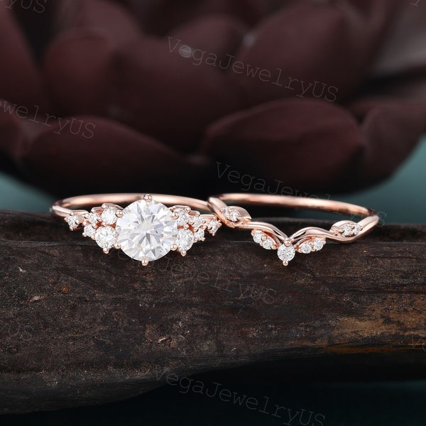 Vintage moissanite engagement ring set Unique rose gold engagement ring set Dainty diamond bridal set promise ring Anniversary gift