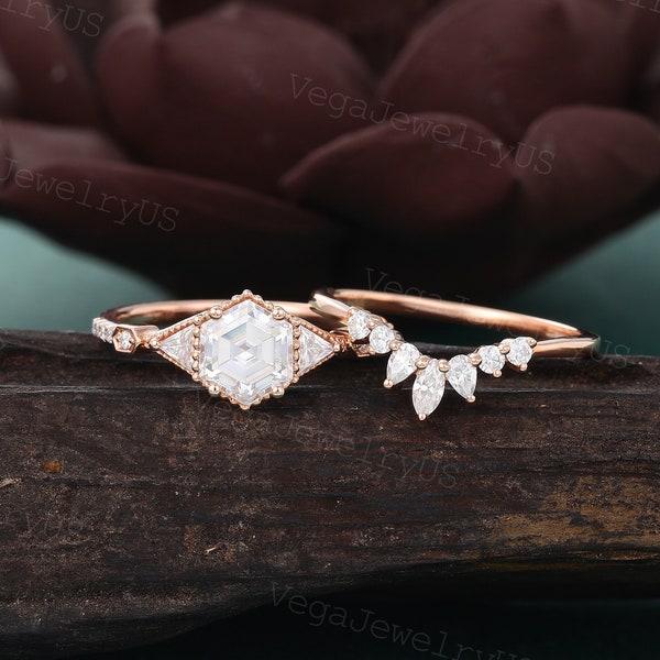 Hexagon cut moissanite ring set Vintage Rose gold engagement ring set Unique Marquise Pear Moissanite Wedding band promise ring Bridal gift