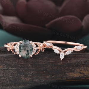 Oval Moosachat Verlobungsring Set Vintage Rose Gold Marquise Schnitt Art Deco Blatt Moissanite Hochzeit Brautring Set für Frauen Geschenk