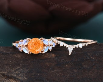 Vintage Sunstone engagement ring set Danity Rose gold Marquise Moonstone ring Dainty Kite cut wedding band bridal ring set Anniversary ring