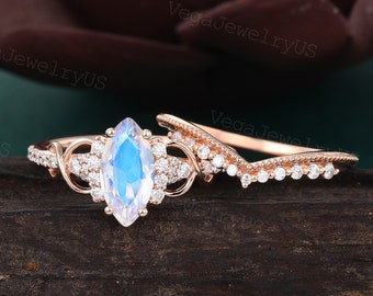 Marquise Moonstone engagement ring set Unique Rose gold moissanite Milgrain ring Matching stackable ring promise anniversary ring for women