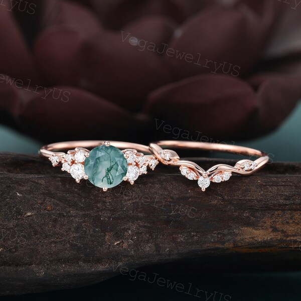 Round moss agate engagement ring set Unique rose gold engagement ring set Dainty diamond bridal set promise ring Women Anniversary gift