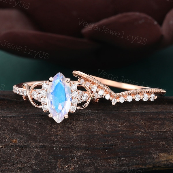 Marquise Moonstone engagement ring set Unique Rose gold moissanite Milgrain ring Matching stackable ring promise anniversary ring for women