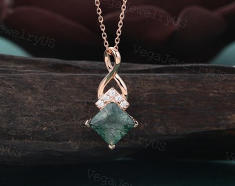 Princess Cut Natural Moss Agate Necklace Vintage 14K/18K Rose Gold Moissanite Pendant Twist Green Moss Agate Necklace Women Anniversary Gift