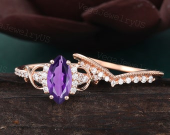 Marquise Amethyst engagement ring set Unique Rose gold moissanite Milgrain ring Matching stackable ring promise anniversary ring for women