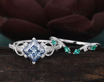 Princess cut Gray Blue moissanite engagement ring set Unique White gold Marquise Emerald Wedding band Dainty Twist moissanite bridal set