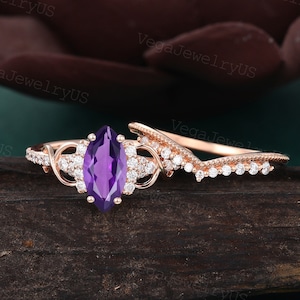 Marquise Amethyst engagement ring set Unique Rose gold moissanite Milgrain ring Matching stackable ring promise anniversary ring for women