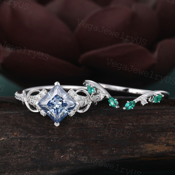 Princess cut Gray Blue moissanite engagement ring set Unique White gold Marquise Emerald Wedding band Dainty Twist moissanite bridal set