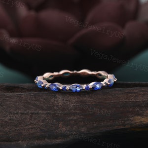 Lab Sapphire wedding band Vintage Rose gold wedding band Marquise Cut Full eternity sapphire ring Art deco Matching Stackable ring for women