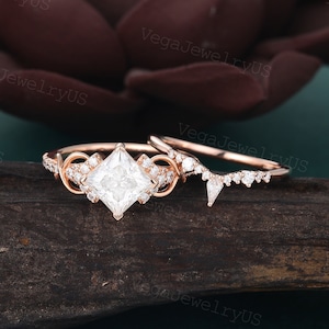 Princess cut moissanite ring set Unique rose gold engagement ring set Dainty diamond bridal set Twist promise ring set Anniversary gift