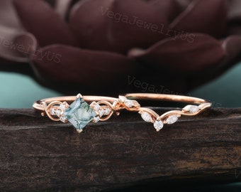 Princess cut Moss agate ring set Unique rose gold engagement ring set Dainty Marquise wedding band twist diamond bridal set Marriage ring