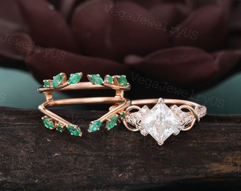 Princess cut Moissanite engagement ring set Unique rose gold bridal set Marquise cut emerald ring Double band promise ring Enhancer ring