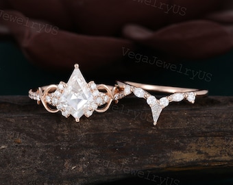 Kite cut moissanite engagement ring set Unique rose gold diamond ring set Dainty bridal set Twist promise ring Half eternity crossed ring